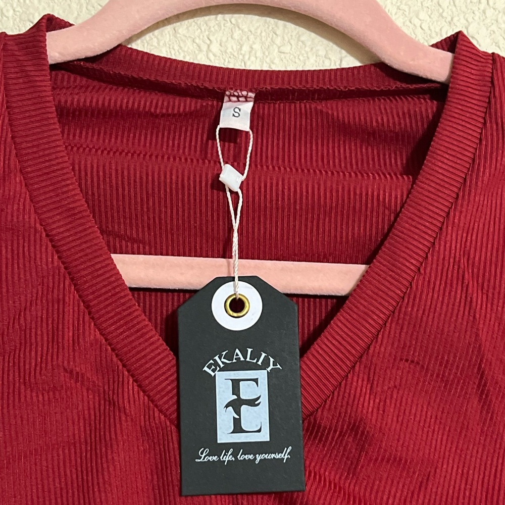 Two Piece Wine Red Outfit Ribbed Top & Pant Set - Picture 8 of 12